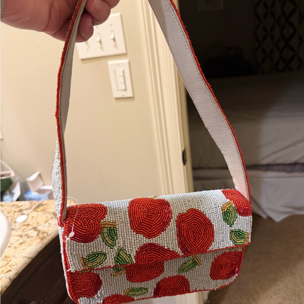 Anthropologie Apple Red and White Beaded Women's Bag